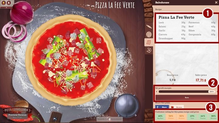 Następnie zapisujesz daną pizzę i korzystając z górnej zakładki zaczynasz tworzenie nowej pizzy lub wracasz do widoku restauracji - Tworzenie pizzy | Poradnik na start | Pizza Connection 3 - Pizza Connection 3 - poradnik do gry