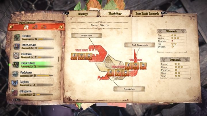 Jeśli chodzi o podatności tego stworzenia to czułym punktem jest - Wielki Girros - taktyka, odporność, słabe strony | Monster Hunter World - Monster Hunter World - poradnik do gry