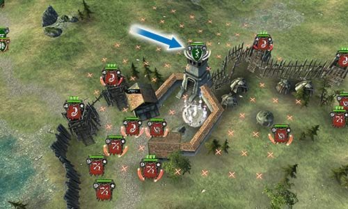 Przyzwanie Maga w portalu wewnątrz bazy i umiejscowienie go na wieży (niebieska strzałka) to bardzo dobre posunięcie - Misja 17 - Ofensywa na wschodzie | Kampania w Hex Commander - Hex Commander - poradnik do gry