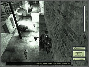 Gdy drugi strażnik ten dalej będzie odwrócony plecami, a pierwszy (spod liny) nie będzie mógł Cię zauważyć, z rozbiegu przeskocz ze zwężenia na sąsiednią półkę i biegnij dalej przed siebie, na ciemny daszek - Etap 1 (1) | Chinese Ambassy | Tom Clancys Splinter Cell - Tom Clancys Splinter Cell - poradnik do gry