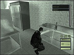 Rzuć butelką do oświetlonego pomieszczenia - chłodni z lewej, po czym podejdź w prawo, pod lodówkę - Etap 1 (2) | Defense Ministry | Tom Clancys Splinter Cell - Tom Clancys Splinter Cell - poradnik do gry