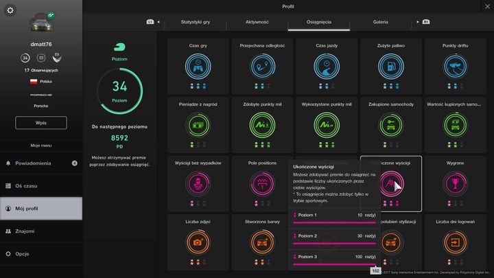 W menu osiągnięć w profilu sprawdzisz ilość rozegranych wyścigów online. - Trofea w Gran Turismo Sport - lista, jak zdobyć trofea? - Gran Turismo Sport - poradnik do gry
