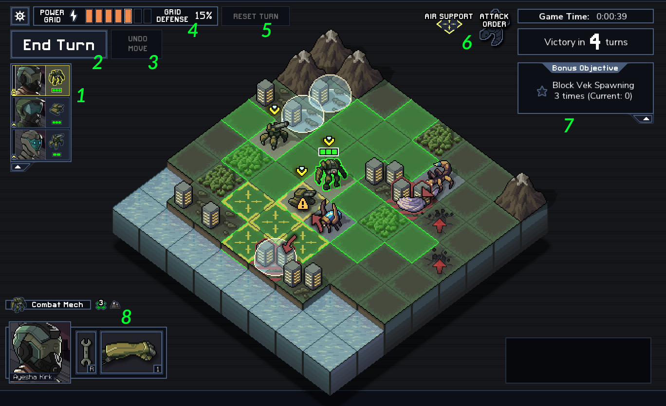 W tym miejscu dostępna jest lista wszystkich jednostek z oddziału - Into the Breach: Interfejs - mapa bitewna - Into The Breach - poradnik do gry