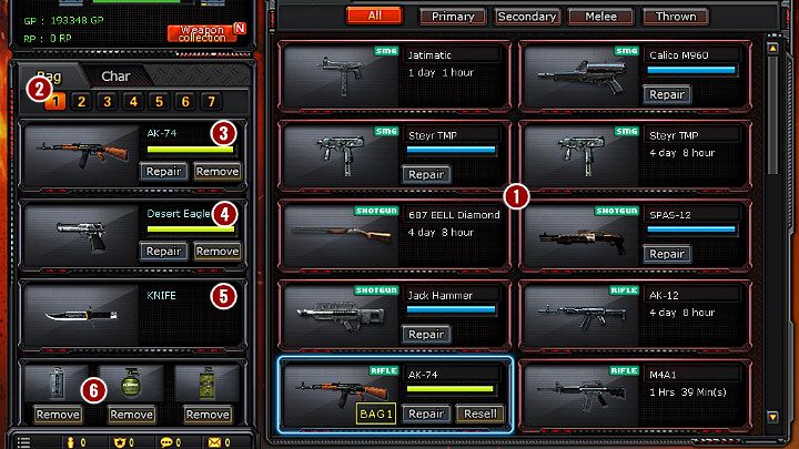 Okno w którym znajdziesz posiadane uzbrojenie - Ekwipunek w CrossFire | Opis broni i ekwipunku - CrossFire - poradnik do gry