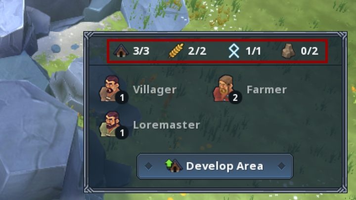 Góry pasek na panelu informacji o strefie pokazuje liczbę budynków i pracowników w stosunku do górnego limitu. - Northgard - Budowa i powiększanie terytorium | Mechanika gry - Northgard - poradnik do gry