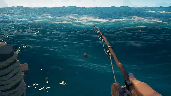 Znajdź jakieś dogodne miejsce do wędkowania i zarzuć goły haczyk lub z odpowiednią przynętą w pobliżu ławicy ryb - Sea of Thieves: Łowienie ryb, polowanie - Sea of Thieves - poradnik do gry