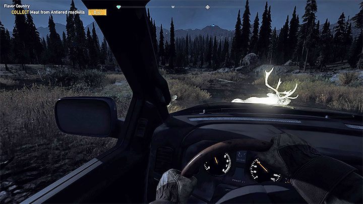 To nietypowe zadanie, gdyż mięso musisz pozyskiwać dzięki rozjeżdżaniu rogatych zwierząt samochodem - Misje poboczne | Góry Whitetail | Solucja Far Cry 5 - Far Cry 5 - poradnik do gry