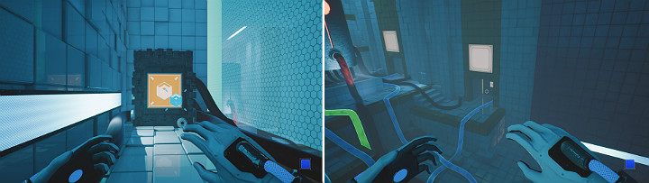 Po aktywacji komputera zeskocz na dół i przejdź do drzwi z prawej strony widocznych na drugim obrazku - Chapter 7 - The Edge - Solucja Q.U.B.E. 2 - Q.U.B.E. 2 - poradnik do gry