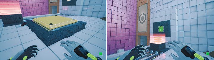 Wejdź na duży przycisk i poczekaj, aż suwnica przesunie magnes do ściany, a potem stwórz zieloną kostkę i ustaw ją na magnesie - Chapter 7 - The Edge - Solucja Q.U.B.E. 2 - Q.U.B.E. 2 - poradnik do gry