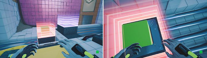 Gdy drugi magnes przechwyci zieloną kostkę wskocz na nią i poczekaj, aż suwnica dojedzie do końca swojej trasy - Chapter 7 - The Edge - Solucja Q.U.B.E. 2 - Q.U.B.E. 2 - poradnik do gry