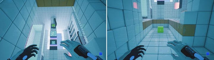 Po wejściu do pomieszczenia ustaw biegun magnesu na niebieski, po czym stwórz wysuń z górnego panelu zieloną kostkę - Chapter 7 - The Edge - Solucja Q.U.B.E. 2 - Q.U.B.E. 2 - poradnik do gry