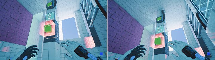 Zamień biegun magnesu na czerwony i wysuń zieloną kostkę, aby została złapana przez magnes - Chapter 7 - The Edge - Solucja Q.U.B.E. 2 - Q.U.B.E. 2 - poradnik do gry