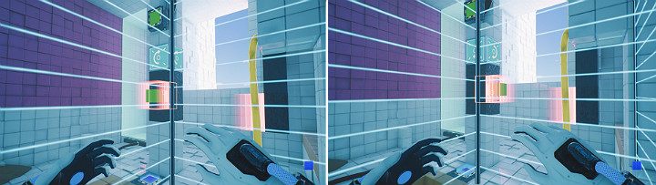 Po raz kolejny stwórz zieloną kostkę, która zostanie przechwycona przez magnes i obróć głowicę w prawą stronę - Chapter 7 - The Edge - Solucja Q.U.B.E. 2 - Q.U.B.E. 2 - poradnik do gry