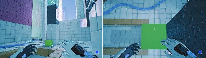 Wróć do głowicy i stwórz zieloną kostkę na górnym panelu, po czym wysuń ją, aby spadłą na sam dół - Chapter 7 - The Edge - Solucja Q.U.B.E. 2 - Q.U.B.E. 2 - poradnik do gry