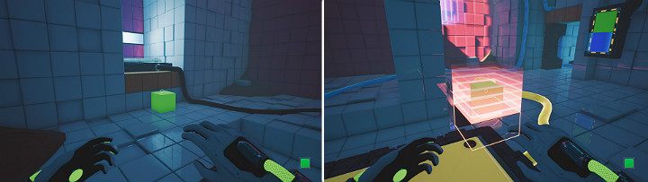 Zielona kostka przeleci przez całe pomieszczenie i stworzy schodek dzięki czemu Twoja postać będzie miała możliwość wciśnięcia kolejnego dużego przycisku - Chapter 7 - The Edge - Solucja Q.U.B.E. 2 - Q.U.B.E. 2 - poradnik do gry