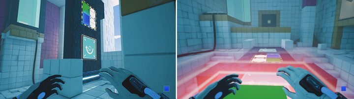 Ustaw ściankę do pozycji poziomej przy pomocy dolnego panelu, po czym ustaw się za zieloną kostką i włącz panel ścianki znajdujący się na drugim końcu - Chapter 7 - The Edge - Solucja Q.U.B.E. 2 - Q.U.B.E. 2 - poradnik do gry