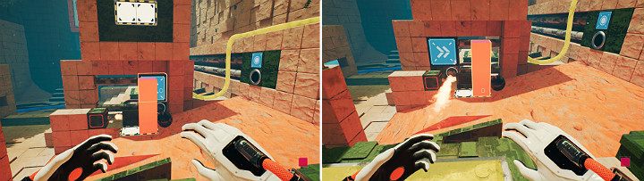 Stwórz kulę w panelu znajdującym się z prawej strony i poczekaj, aż pokryje się ropą po czym przesuń suwnicę w lewą stronę, aby uruchomić miotacz ognia - Chapter 9 - Memories of God - Solucja Q.U.B.E. 2 - Q.U.B.E. 2 - poradnik do gry