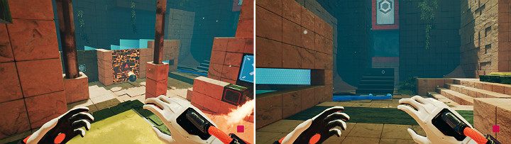 Płonąca kula otworzy drzwi prowadzące do kolejnego przycisku za pomocą którego stworzysz kolejną część schodów - Chapter 9 - Memories of God - Solucja Q.U.B.E. 2 - Q.U.B.E. 2 - poradnik do gry