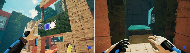 Odwróć się w stronę panelu suwnicy i poczekaj na charakterystyczny dźwięk towarzyszący wyrzucaniu elementu w powietrze i aktywuj z lewej strony niebieską kostkę - Chapter 9 - Memories of God - Solucja Q.U.B.E. 2 - Q.U.B.E. 2 - poradnik do gry