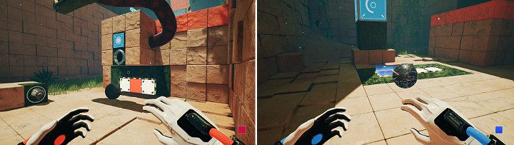 Na dolnym panelu, na środku stwórz pomarańczową kostkę, a następnie wysuń kulę z otworu ściennego - Chapter 9 - Memories of God - Solucja Q.U.B.E. 2 - Q.U.B.E. 2 - poradnik do gry