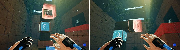 Gdy magnes przechwyci kulę, obróć głowice w prawą stronę i zamień biegun magnesu na niebieski - Chapter 9 - Memories of God - Solucja Q.U.B.E. 2 - Q.U.B.E. 2 - poradnik do gry