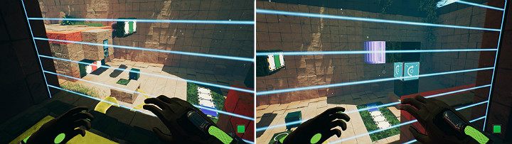 Stojąc na przycisku stwórz na górnym panelu zieloną kostkę i wysuń ją, aby spadła na ziemie i pokryła się ropą - Chapter 9 - Memories of God - Solucja Q.U.B.E. 2 - Q.U.B.E. 2 - poradnik do gry