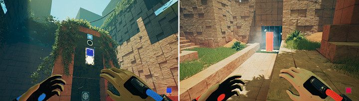 Na górnym panelu stwórz niebieską kostkę, a następnie odwróć się w stronę wentylatora i stwórz pomarańczowa kostkę pośrodku panelu - Chapter 9 - Memories of God - Solucja Q.U.B.E. 2 - Q.U.B.E. 2 - poradnik do gry