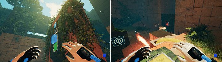 Wskocz na zieloną kostkę, a następnie na podwyższenie po prawej stronie lokacji i stwórz na górnym panelu niebieską kostkę, po czym wysuń kulę z otworu i przejdź na przycisk znajdujący się powyżej, aby stworzyć miotacz ognia - Chapter 9 - Memories of God - Solucja Q.U.B.E. 2 - Q.U.B.E. 2 - poradnik do gry