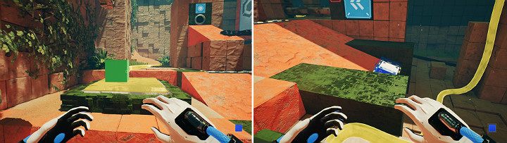 Stań na dużym przycisku na końcu lokacji, a na górnym panelu z lewej strony stwórz zieloną kostkę i upuść ją na duży przycisk przed Tobą, aby aktywować wyciek ropy - Chapter 9 - Memories of God - Solucja Q.U.B.E. 2 - Q.U.B.E. 2 - poradnik do gry