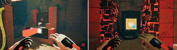 Kula zostanie wyrzucona w powietrze, podpali się, a następnie spadnie na pomarańczową kostkę i poturla się w stronę drzwi otwierając przejście do komputera - Chapter 9 - Memories of God - Solucja Q.U.B.E. 2 - Q.U.B.E. 2 - poradnik do gry