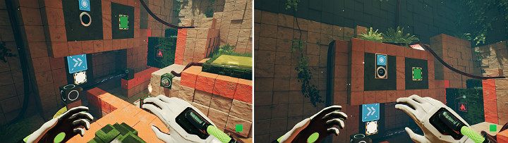 Stojąc na przycisku z lewej strony stwórz zieloną kostkę na panelu po prawej stronie i poczekaj, aż pokryje się ropą - Chapter 9 - Memories of God - Solucja Q.U.B.E. 2 - Q.U.B.E. 2 - poradnik do gry