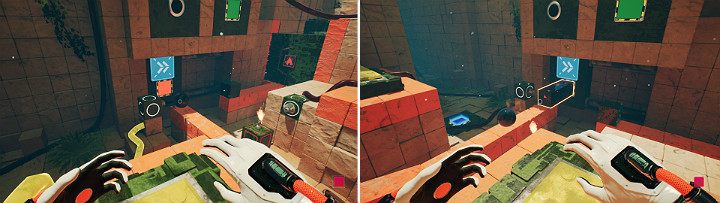 Gdy kula pokryje się ropą, stwórz za nią pomarańczową kostkę i wysuń ją ze ściany - Chapter 9 - Memories of God - Solucja Q.U.B.E. 2 - Q.U.B.E. 2 - poradnik do gry