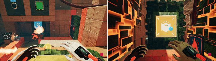 Gdy kula podpali pomarańczową kostkę, natychmiast aktywuj suwnicę - Chapter 9 - Memories of God - Solucja Q.U.B.E. 2 - Q.U.B.E. 2 - poradnik do gry