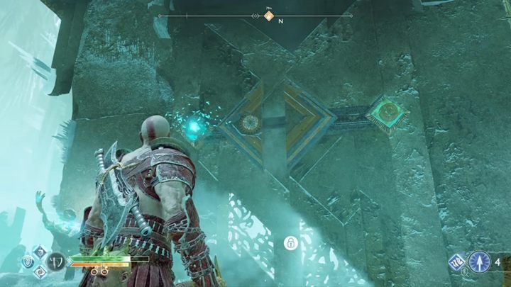 By otworzyć drzwi, umieść wiatry Hel w lewej zielonej kuli i zamroź tę stronę wrót z pomocą Lewiatana - God Of War: Ucieknij z Helheimu - solucja, opis przejścia - God Of War - poradnik do gry