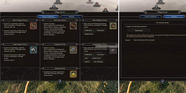 W pierwszej zakładce dowiesz się jakie są warunki do krótkiego, długiego i ostatecznego zwycięstwa - Interfejs gry Total War Saga Thrones of Britannia - Total War Saga Thrones of Britannia - poradnik do gry