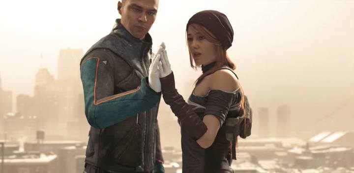 Scena na dachu zniszczonego budynku przed Marszem - Jak doprowadzić do romansu Marcusa i North w Detroit Become Human? - Detroit Become Human - poradnik do gry