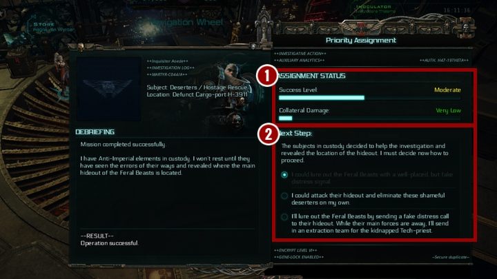 Kolejnym ważnym elementem Misji Priorytetowych są wskaźniki sukcesu i strat [1] - Misje priorytetowe w Warhammer Martyr - Warhammer 40,000: Inquisitor - Martyr - poradnik do gry