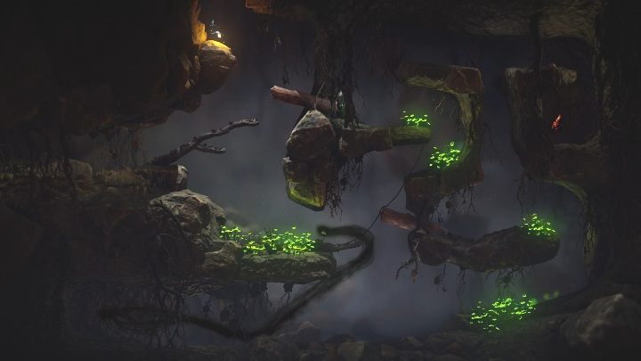 Za pomocą zielonej postaci popchnij wystającą tam deseczkę i przełącz się na drugiego bohatera, nim wbiegnij na samą górę - Poziom 3 - Little Frogs | Solucja - Unravel 2 - poradnik do gry