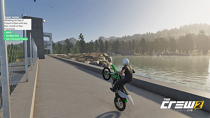 Opis: Wykonaj wheelie na szczycie Zapory Folsom (na północ od San Francisco) dowolnym motocyklem - Album - Offroad | Zadań fotograficznych w The Crew 2 - The Crew 2 - poradnik do gry