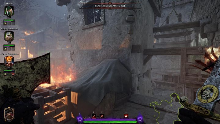Teraz skocz na obiekt widoczny na obrazku (przykryty jakimś materiałem), a potem na skrzynki po prawej stronie - Grymuary w akcie II gry Warhammer Vermintide 2 - Warhammer Vermintide 2 - poradnik do gry