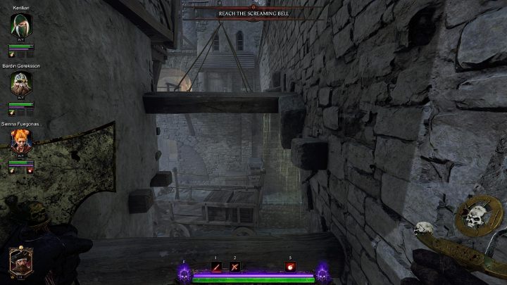 Następnie skorzystaj z wystających cegieł, a dalej z drewnianej platformy - Grymuary w akcie II gry Warhammer Vermintide 2 - Warhammer Vermintide 2 - poradnik do gry