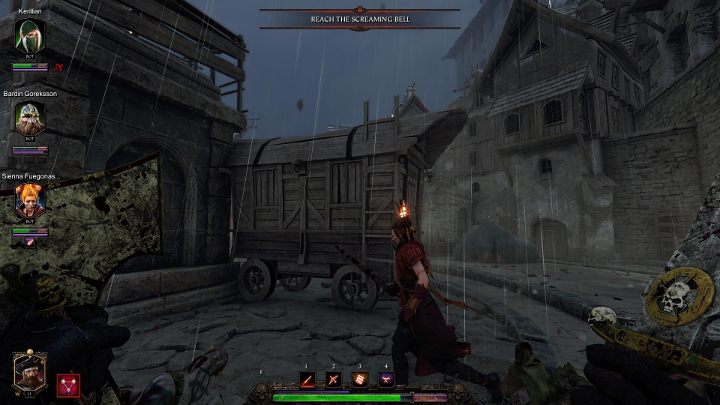 Przy posągu stoi wóz - wejdź na niego za pomocą drabiny - Grymuary w akcie II gry Warhammer Vermintide 2 - Warhammer Vermintide 2 - poradnik do gry