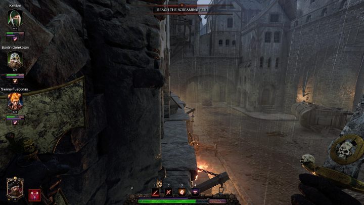 Przejdź przez bramę i kieruj się wzdłuż muru po wąskiej ścieżce - Tomy w akcie II gry Warhammer Vermintide 2 - Warhammer Vermintide 2 - poradnik do gry
