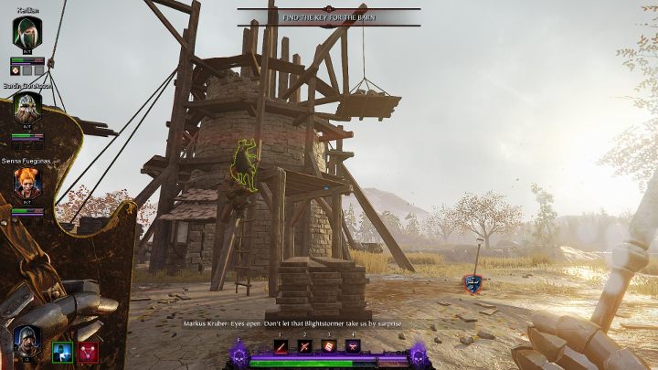 Drugi grymuar znajduje się na ruinach wieży pod stodołą, którą musisz otworzyć - grymuar jest zaznaczony na niebiesko na obrazku - Grymuary w akcie III gry Warhammer Vermintide 2 - Warhammer Vermintide 2 - poradnik do gry