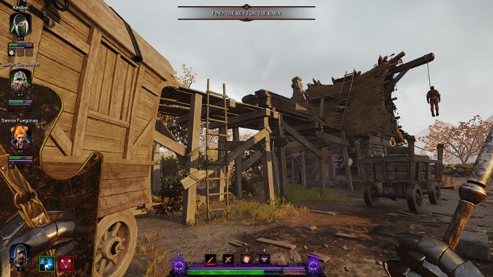Skorzystaj z drabiny po lewej stronie ruin, a następnie wejdź na dach domu (również po drabinie) - Grymuary w akcie III gry Warhammer Vermintide 2 - Warhammer Vermintide 2 - poradnik do gry