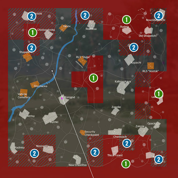Radiation zone (obszar objęty radiacją) - obszary zaznaczone czerwoną siatką oznaczają miejsca na których występuje anomalia Adrenaline Infection - Mapa w Fear the Wolves - legenda, sekrety, interesujące miejsca - Fear the Wolves - poradnik do gry