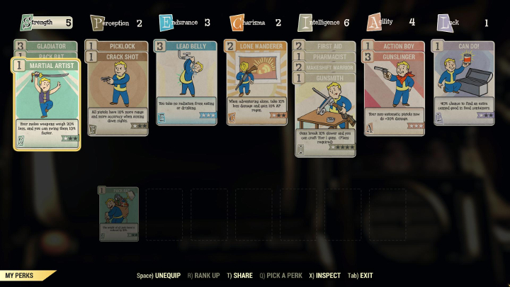 Karty profitów określają umiejętności Twojej postaci. - Fallout 76 Wastelanders: Najlepsze porady na start gry z dodatkiem - Fallout 76 - poradnik do gry