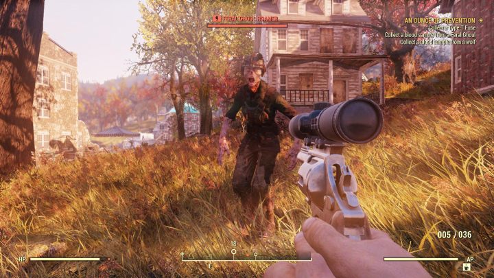 Zdziczały Ghul (Feral Ghoul) również nie jest zbyt wymagającym przeciwnikiem, ale pamiętaj, że kontakt z nim podnosi poziom promieniowania twojej postaci - warto więc zabijać ghule zanim do ciebie dobiegną - Uncja prewencji - Solucja do Fallout 76 - Fallout 76 - poradnik do gry