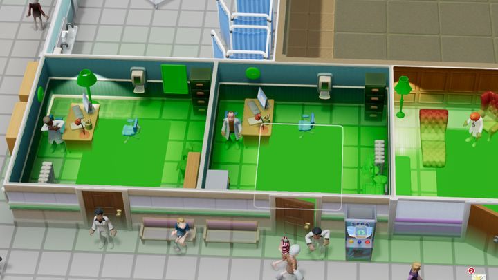 Przykładowy pogląd na atrakcyjność pomieszczeń z widoczną różnicą w atrakcyjności pomieszczeń. - Kontrola parametrów szpitala w Two Point Hospital - Two Point Hospital - poradnik do gry