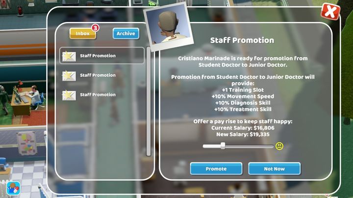 Panel awansu postaci. Minka znajdująca się przy pensji określa zadowolenie z jej wielkości. - Porady na start w Two Point Hospital - Two Point Hospital - poradnik do gry